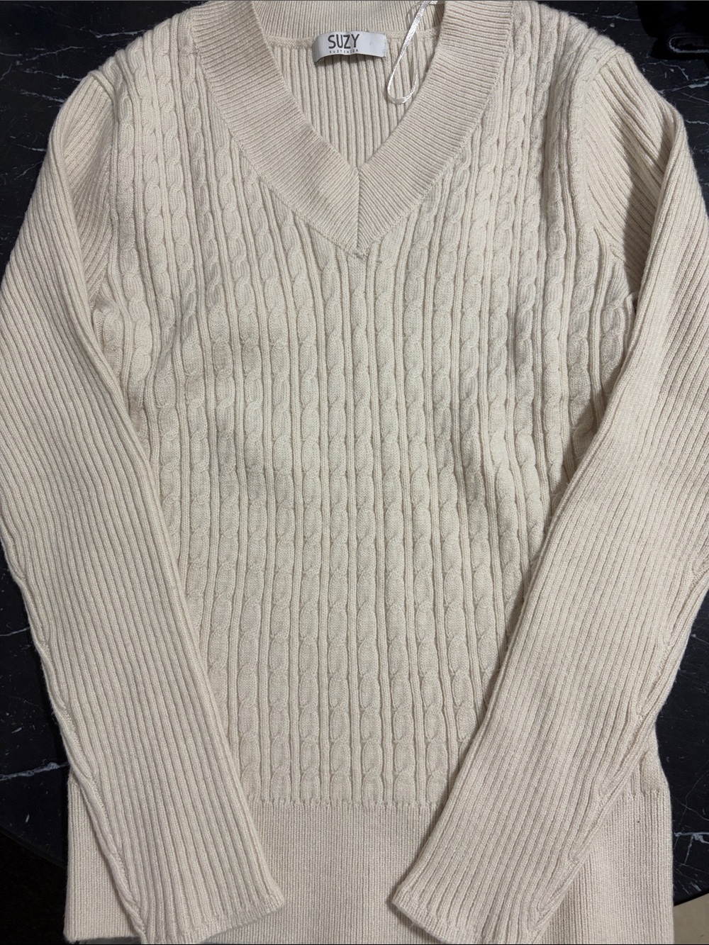Cream Cable Knit V-Neck Sweater for MWem